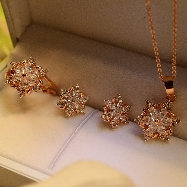 Stunning Golden Flower Crystal Complete Necklace Set