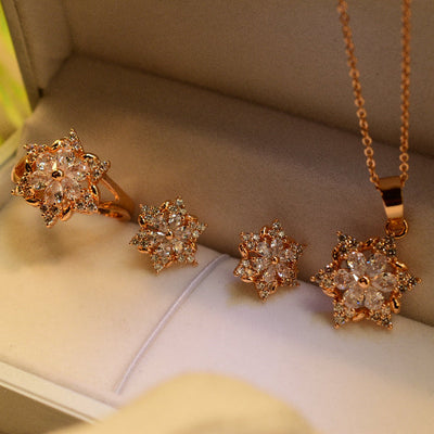 Stunning Golden Flower Crystal Complete Necklace Set