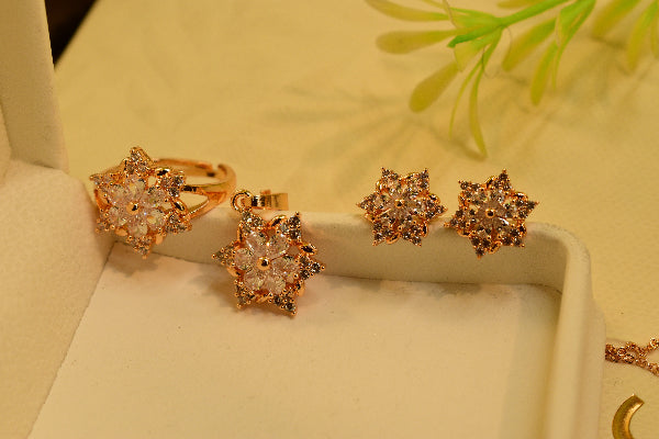 Stunning Golden Flower Crystal Complete Necklace Set